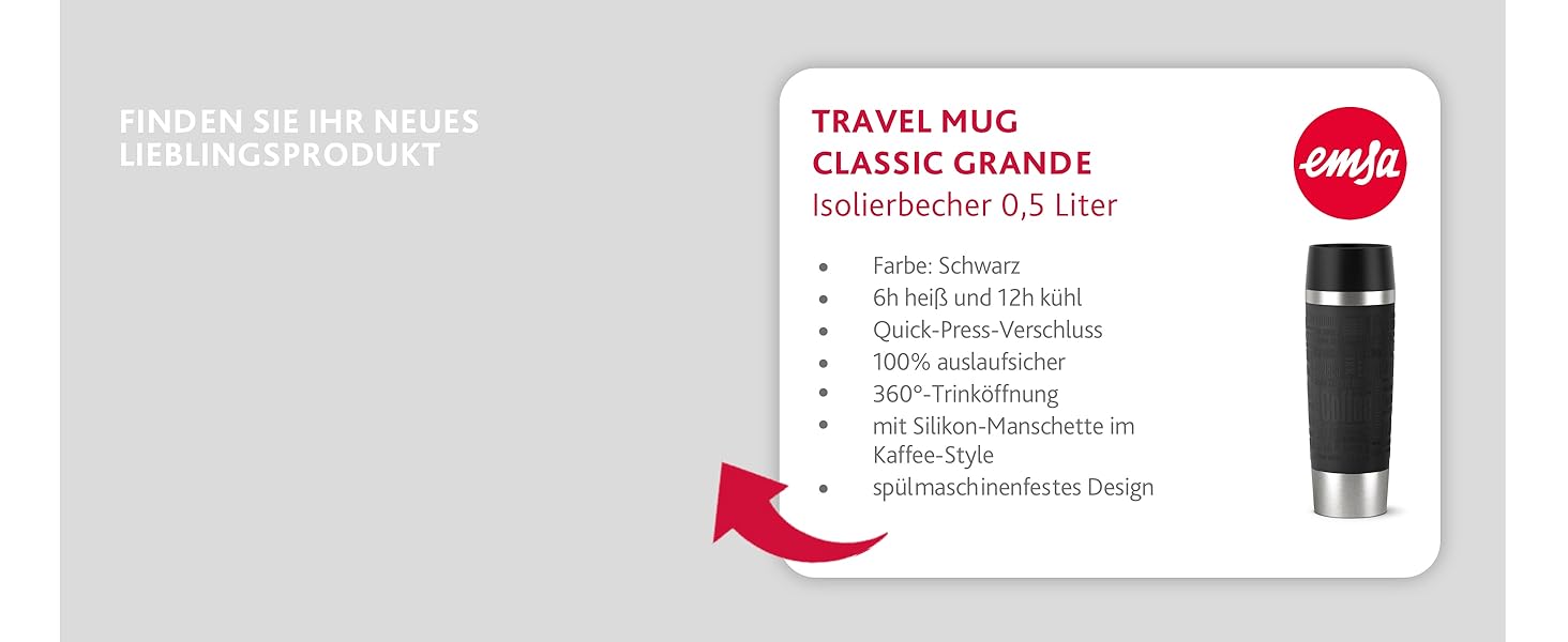 Термокружка Emsa Travel Mug Classic, 360 мл, чорна, з ізоляцією, 4 години гаряче, 8 годин холодне, Quick-Press замок, 360° відкривання