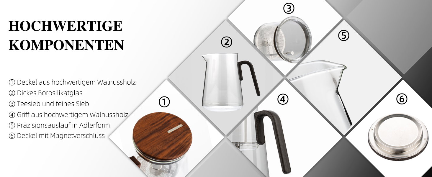 Чайник ZENS Magic з боросилікатного скла з ситом, 800 мл, з магнітним кришкою та ручкою з чорного горіха, для заварювання листового чаю