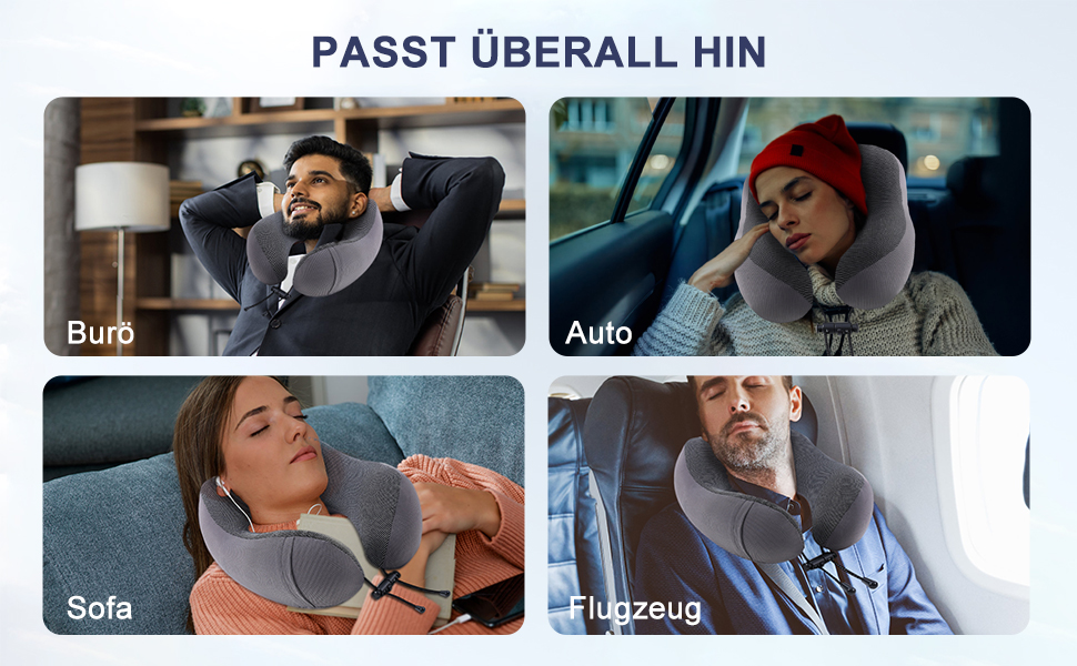 Подушка для шиї у подорожах: м'яка піна пам'яті, бавовна, U-подібна форма, з чохлом, для автомобіля, літака, офісу (сіра)