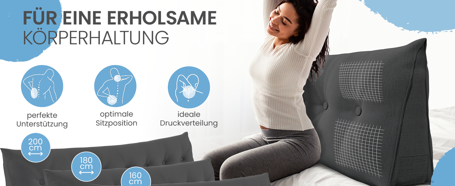 Підголовник для спини ELONEO 70 см, клиновидна подушка для ліжка та дивана, трикутна подушка для читання, знімний та пральний чохол, з практичною кишенею, антрацит, 70 см