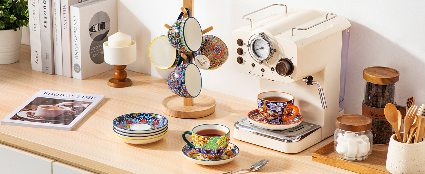 Набір кавових чашок капучино Vancasso SIMI (6 шт.) з блюдцями, 240 мл - фарфоровий посуд для 6 осіб, мікрохвильова піч, богемський стиль