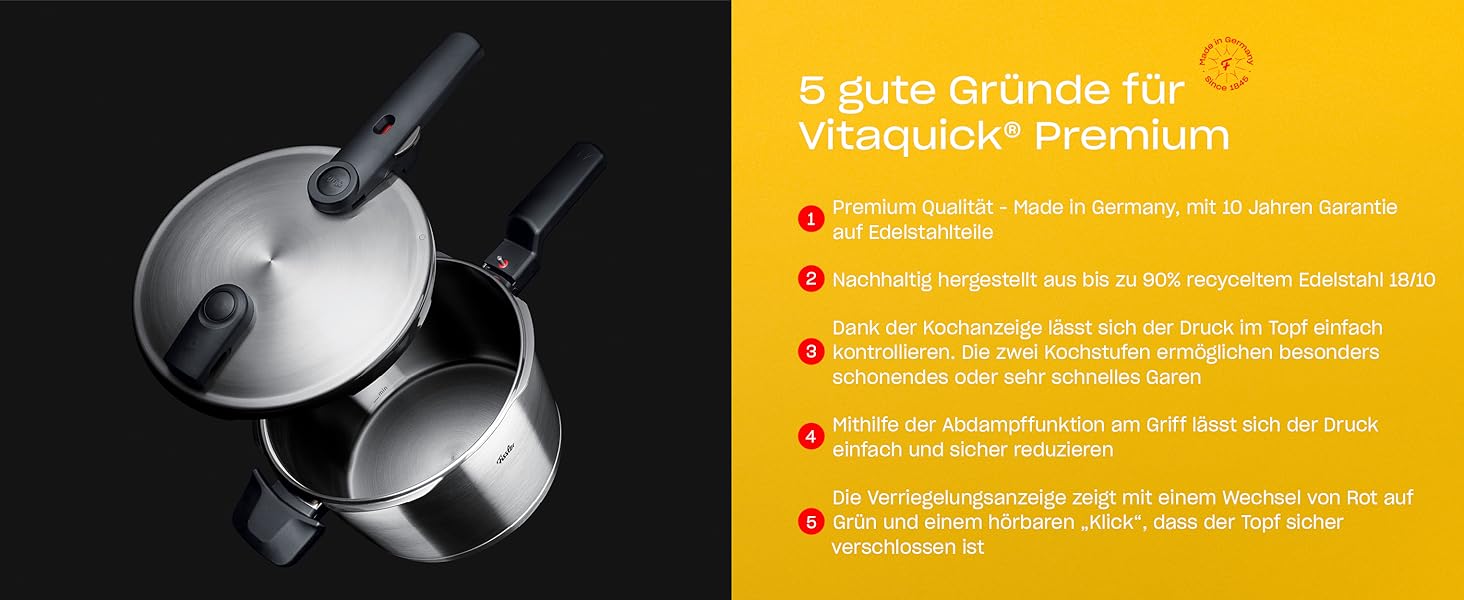 Скороварка Fissler Vitaquick Premium 4,5 л з нержавіючої сталі, для індукції, 2 режими приготування, Ø22 см, вироблено в Німеччині