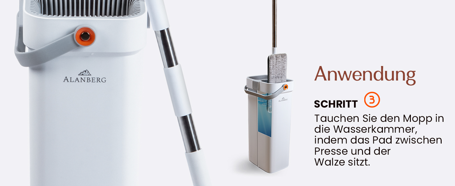 Набір для миття підлоги XL з відром, 2-камерна система, телескопічна ручка 143-181 см, плоский моп 40 см, самовіджимання з видаленням шерсті тварин та 2 мікрофібровими накладками, білий – ALANBERG®