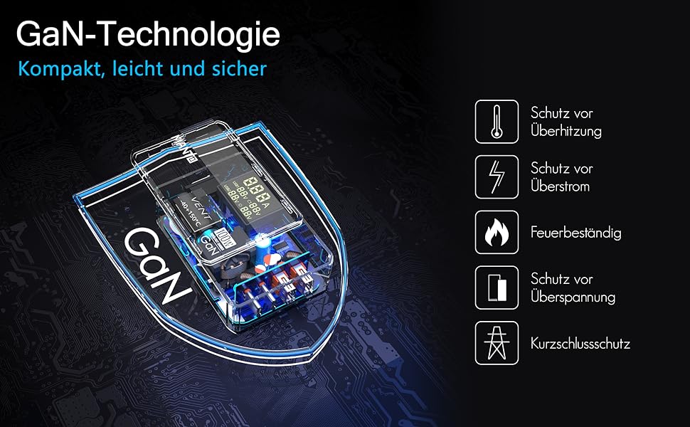 Зарядний пристрій MANTO 100W GaN USB-C з LED-дисплеєм, 4 порти (2x Type-C, 2x Type-A), PD 3.0, QC 3.0, для MacBook, iPhone, iPad, Samsung, ноутбуків