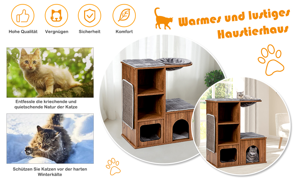 Кігтеточка для котів COSTWAY з будиночком та килимками, дерев'яний дім-кігтеточка, активний комплекс для котів 69x39x80,5 см, вінтажний стиль