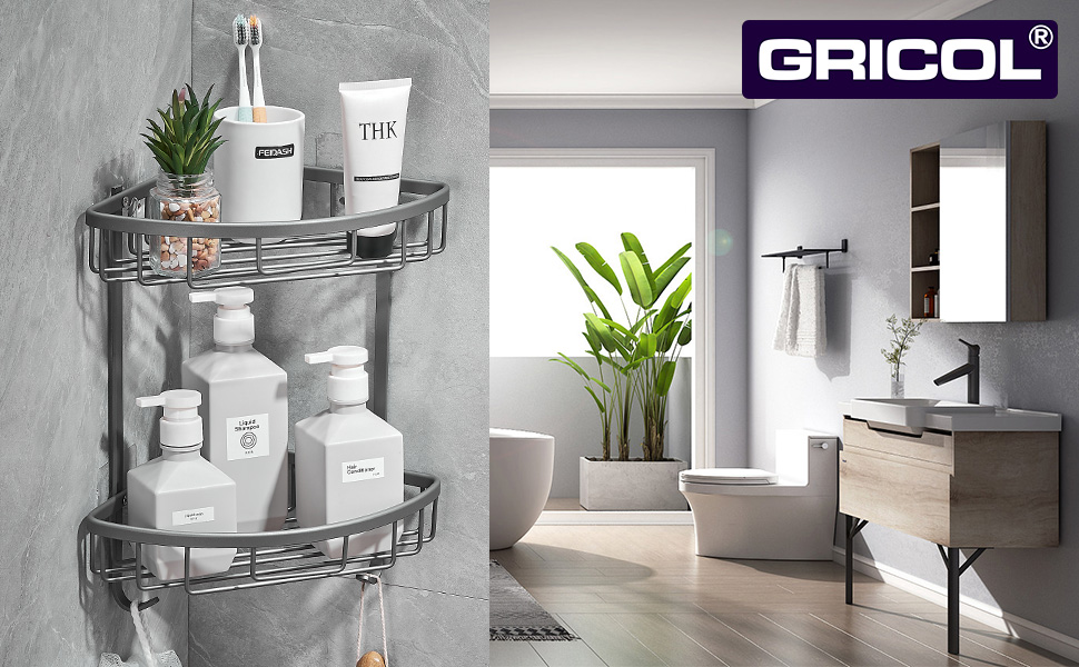 Поличка для душу GRICOL Eck-Duschregal без свердління, металева, кутова, з 2 гачками, для зберігання в ванній кімнаті, 2 яруси, нержавіюча сталь, сірий колір