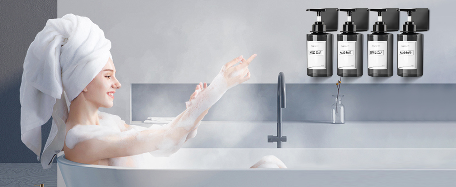 Набір дозатора мила для стін 4er, 300 мл, сірий. Дозатор мила без свердління, набір з 12 етикеток для душу/кухні/ванної кімнати