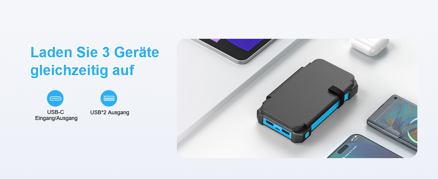 Портативний зарядний пристрій Solar Powerbank 26800 mAh з сонячною панеллю, USB-C, 18W, IPX7, водонепроникний, для iPhone, Samsung та інших, з ліхтариком (SOS, стробоскоп), блакитний