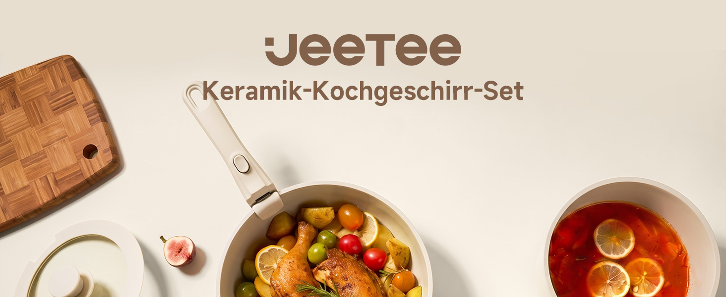 Набір посуду JEETEE з антипригарним керамічним покриттям, каструлі та сковорідки зі знімними ручками, 19 предметів, колір Taupe