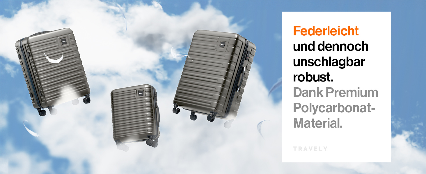 Набір валіз Travely з полікарбонату: 77см, 67см, ручна поклажа, TSA-замок, колір - місячний сірий