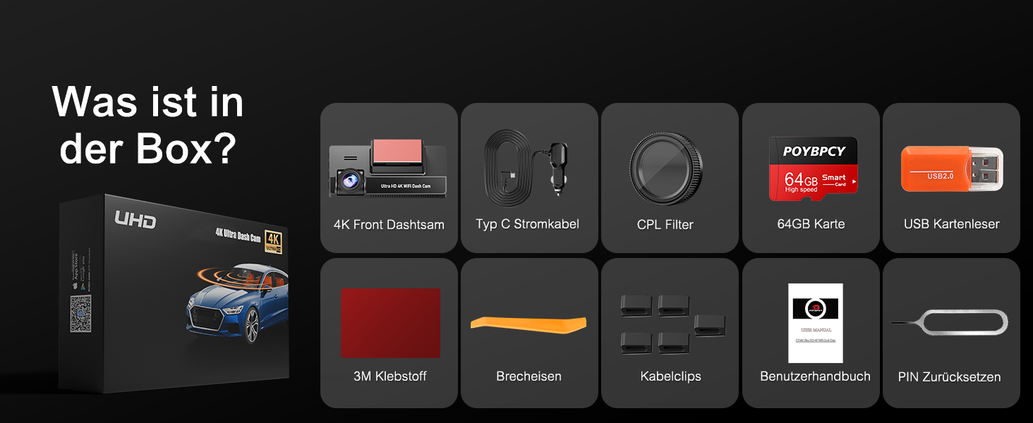 Відеореєстратор у машину 4K+1080P з CPL фільтром, 360°, WiFi, IPS 3.69