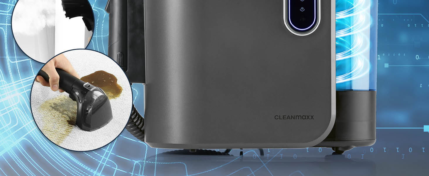 CLEANmaxx Професійний пароочисник для меблів та килимів Pro Steam | 3в1: очищувач для м'яких меблів, точковий очищувач, миючий пилосос | Видаляє плями з килимів, авто, диванів тощо. Чорний Pro Steam Touch, 2000W