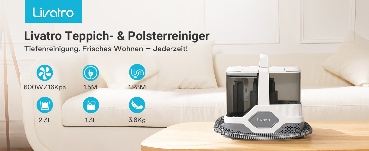 Пристрій для чищення м'яких меблів: мокрий/сухий пилосос, чистка килимів, 600W, 16KPa, бак 2,3L, самоочищення, компактний, для килимів, диванів, сходи