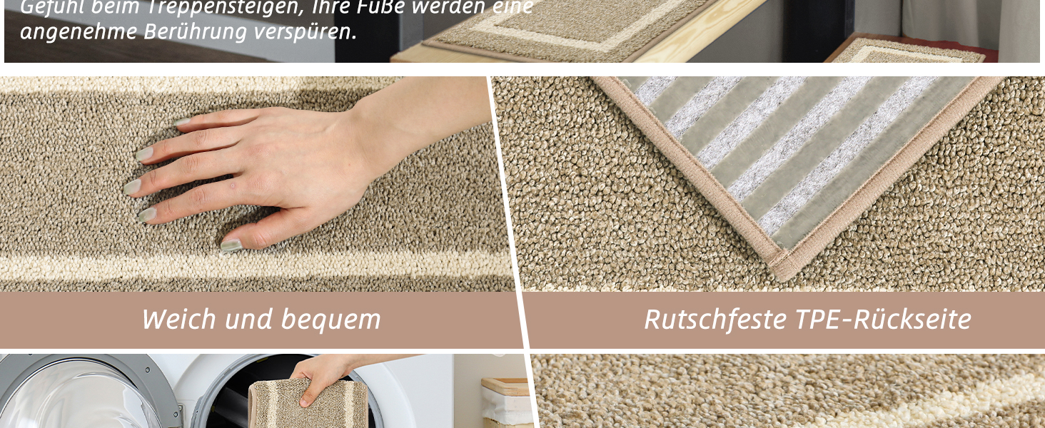 Ковзаючі килимки на сходи Cosy Homeer, 70x22 см, 15 шт., самоклеючі, антиковзаючі, машинне прання, 100% поліестер, TPE-підкладка, бежевий (4 шт.)