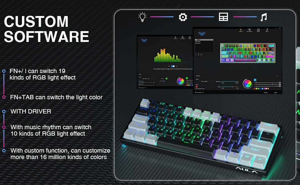 Механічна ігрова клавіатура AULA 60% з RGB-підсвічуванням, Hot-Swap, Type-C, блакитні перемикачі (чорно-сірий)