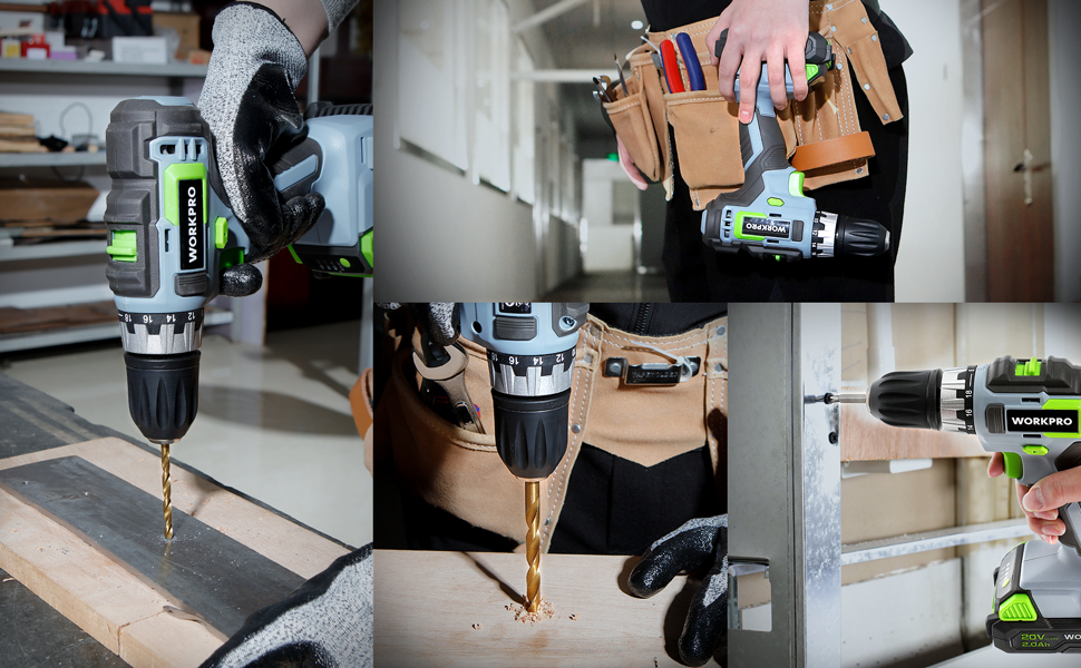WORKPRO Акумуляторний шуруповерт 18V/20V з 16 насадками, крутним моментом 25NM та регульованою швидкістю, LED-підсвічуванням, 2-ма режимами обертання, акумулятором 2.0Ah Li-Ion та швидким зарядним пристроєм