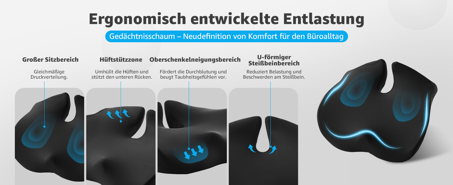 Ортопедична подушка для сидіння BRO Extra Großes з чохлом Ice Silk, Memory Foam. Ергономічна подушка для підтримки куприка для офісного крісла, авто та інвалідного візка.
