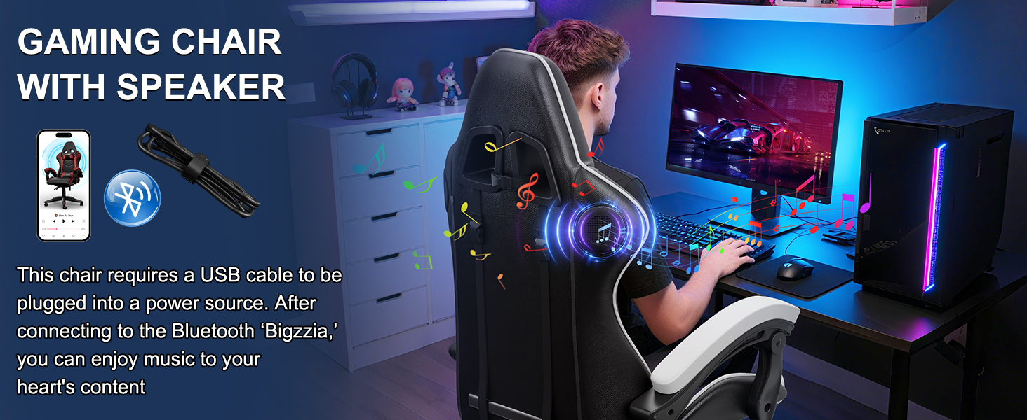 Геймерське крісло Bigzzia Ergonomisch з підтримкою попереку та голови, Bluetooth, чорно-біле, регульована висота, для підлітків та дорослих