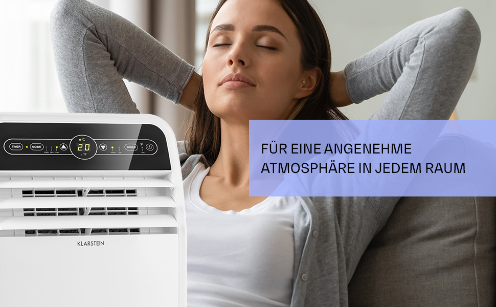 Мобільний кондиціонер Klarstein з випускним шлангом, 4-в-1: кондиціонер, вентилятор, осушувач повітря та нічний режим. Компактний та портативний для дому та офісу. Низьке енергоспоживання, 7000 BTU, білий