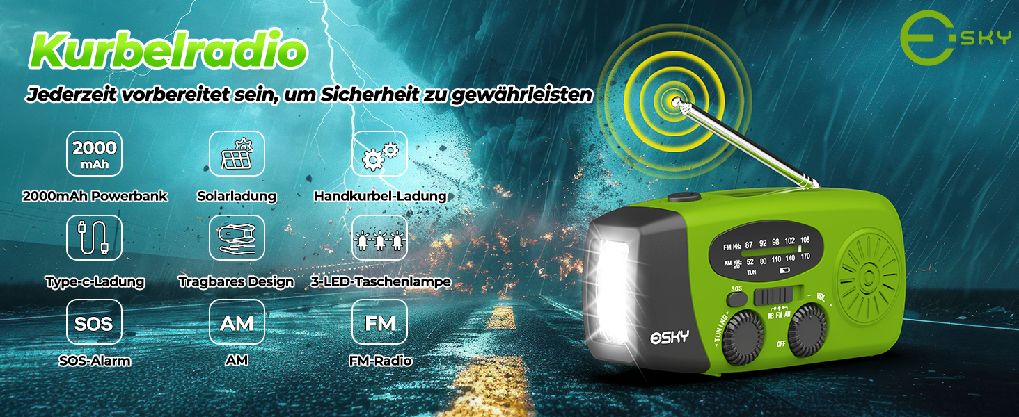 Радіо Esky Kurbelradio AM/FM, водонепроникне, з динамо-машиною, SOS-сигналом, ліхтарем та Power Bank - зелений