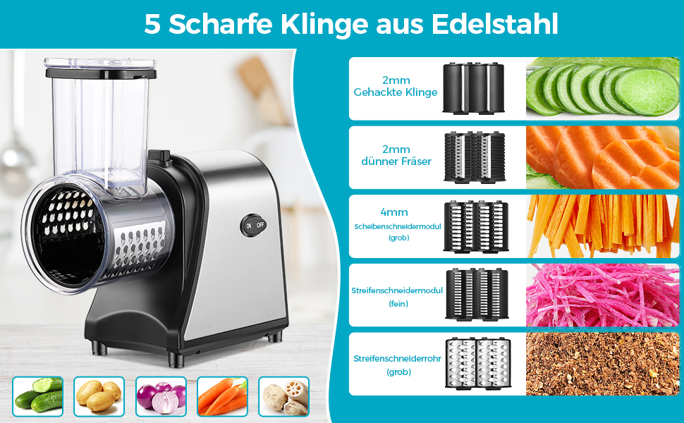 Електричний овочевий слайсер COOCHEER з нержавіючої сталі, тертка для сиру та овочів, багатофункціональний подрібнювач з 5 лезами для картоплі, моркви, цибулі