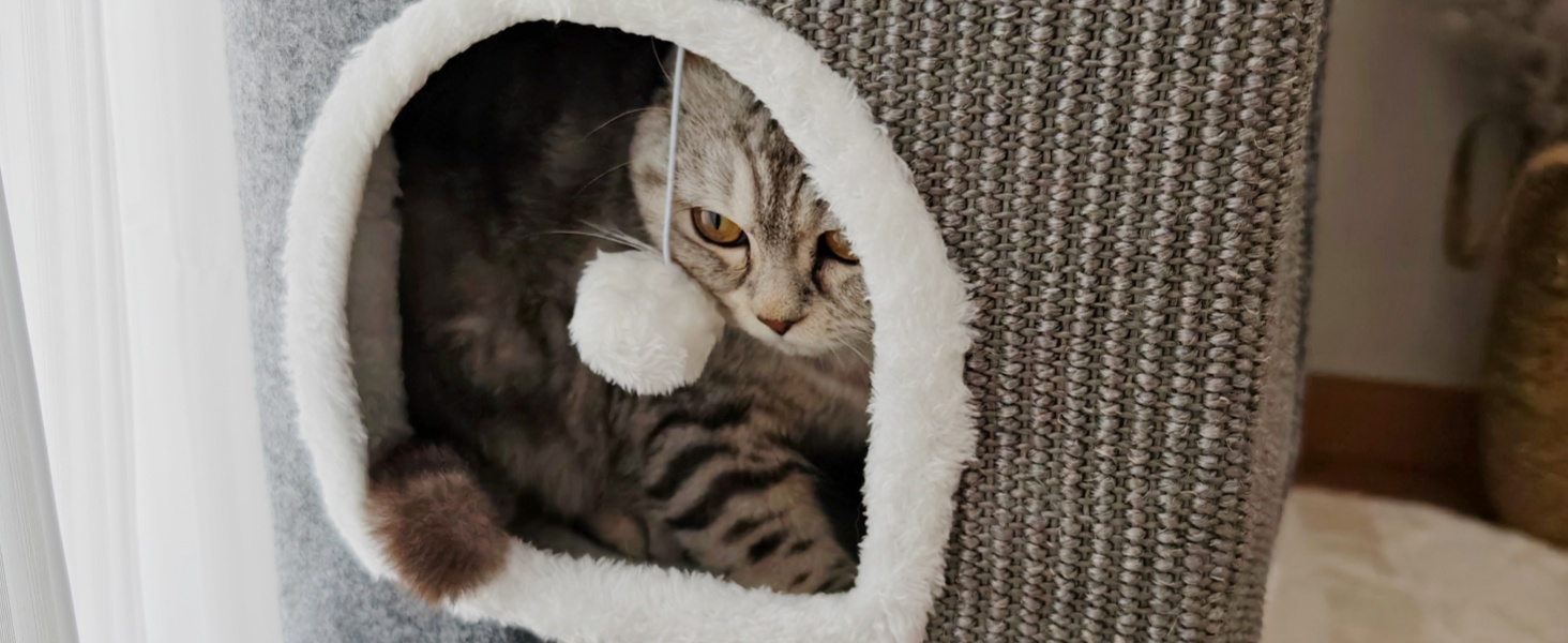 Spindro Котяча хатинка-ліжко велика, будиночок для котів для дому з м'якою подушкою Sherpa та підвішеною іграшкою, світло-сірий, 42x42x33 см, 4-рівнева, 42x32x84 см