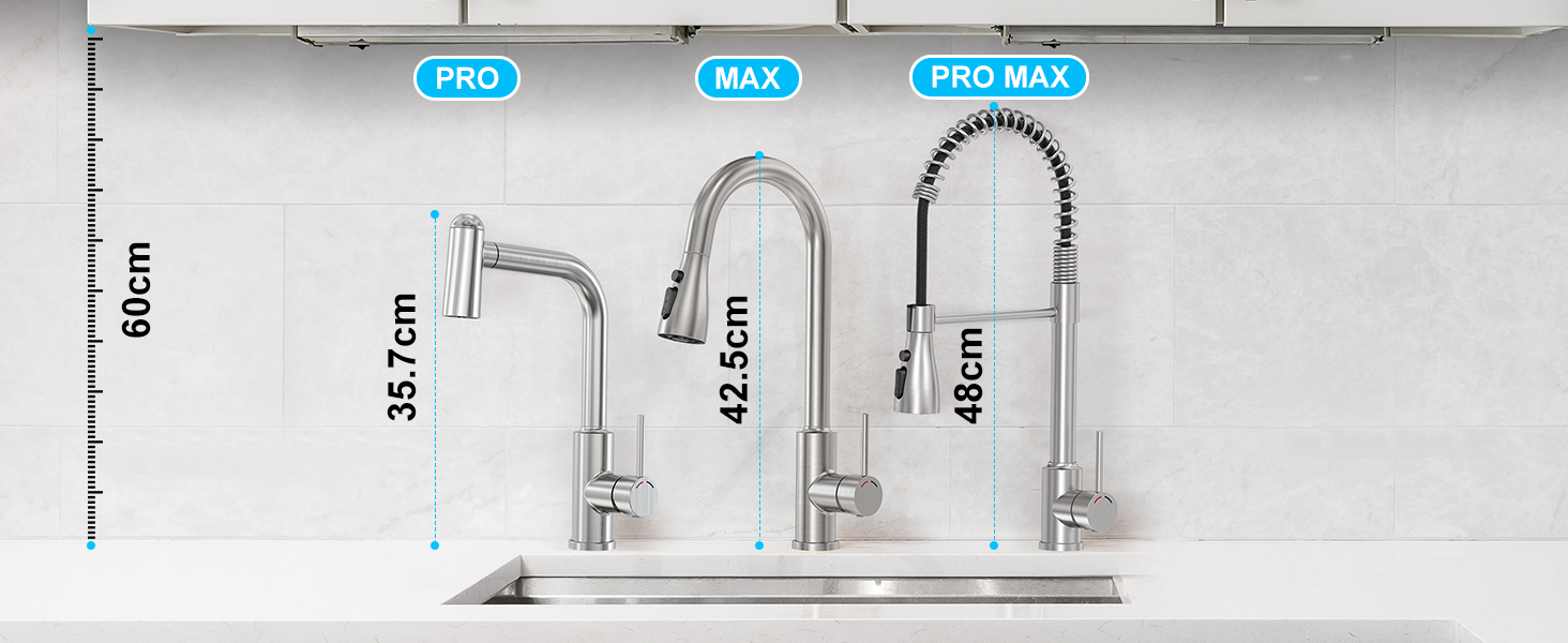 Змішувач кухонний висувний з високим напором, 360° обертання, 4 режими, нержавіюча сталь, ABS-розпилювач, для одного отвору, G3/8 з'єднання (тільки для ЄС)