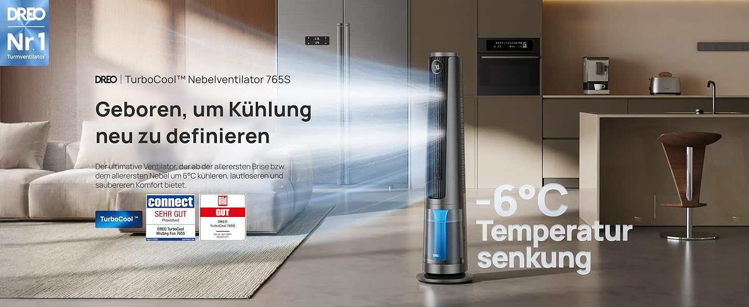 DREO TurboCool 765S: Ультразвуковий зволожувач-вентилятор з Wi-Fi, 6л, 10.4 м/с, 20 дБ, 90° осциляція, 12 швидкостей