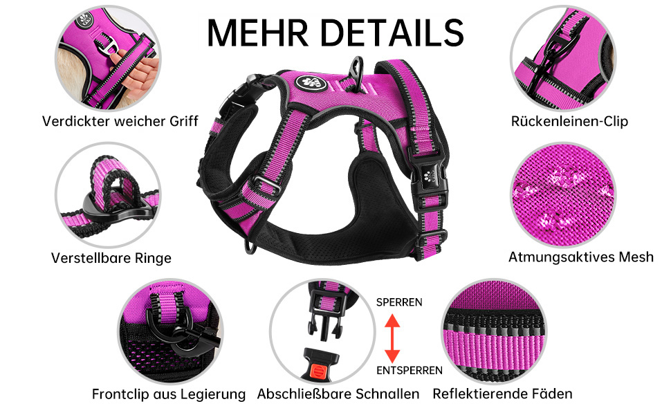 Нашийник для собак середніх порід NESTROAD, розмір M, анти-тяга, обхват шиї 33-43 см, обхват грудей 43-64 см, безпечний, з підкладкою, колір: рожевий