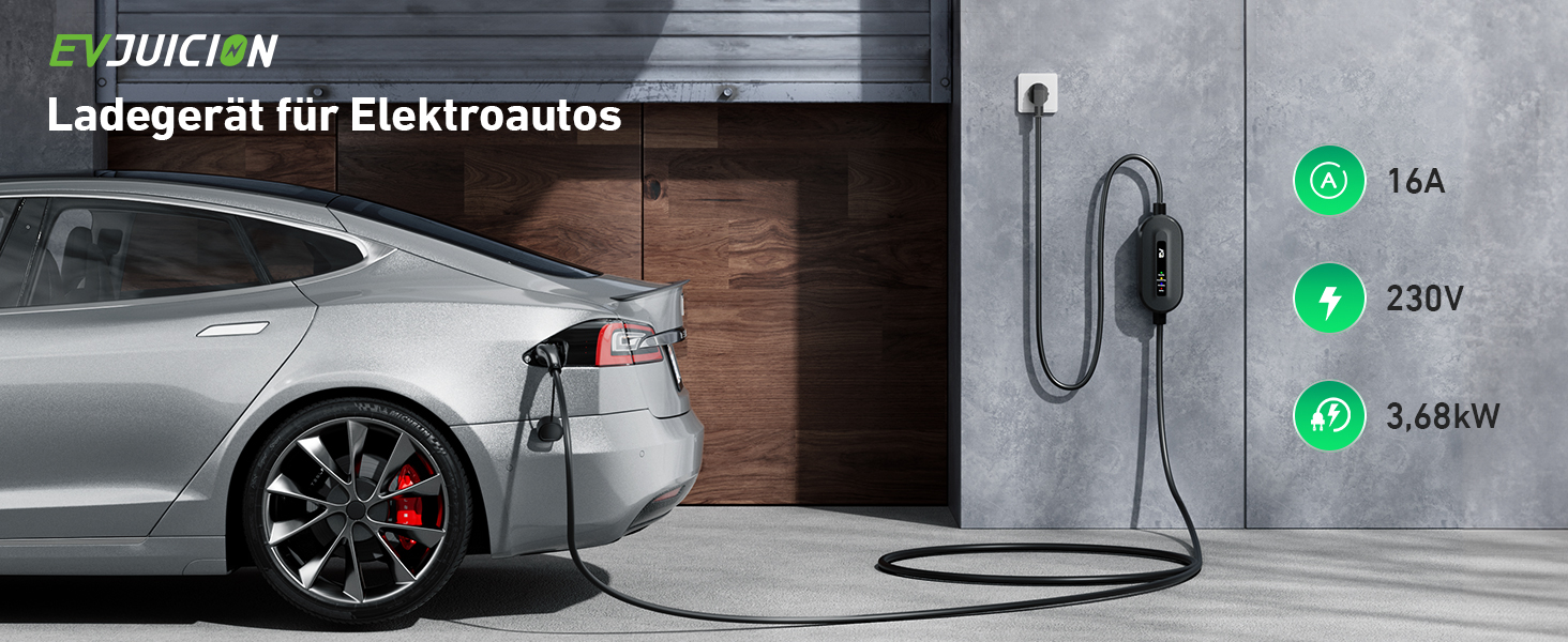 Кабель для електромобіля Evjuicion Typ 2 Schuko, 3.68kW, 6м, 16A, IP67, чорний. Зарядний кабель для ID.3/4, X1, 5ER, Model Y/3 та інших електромобілів