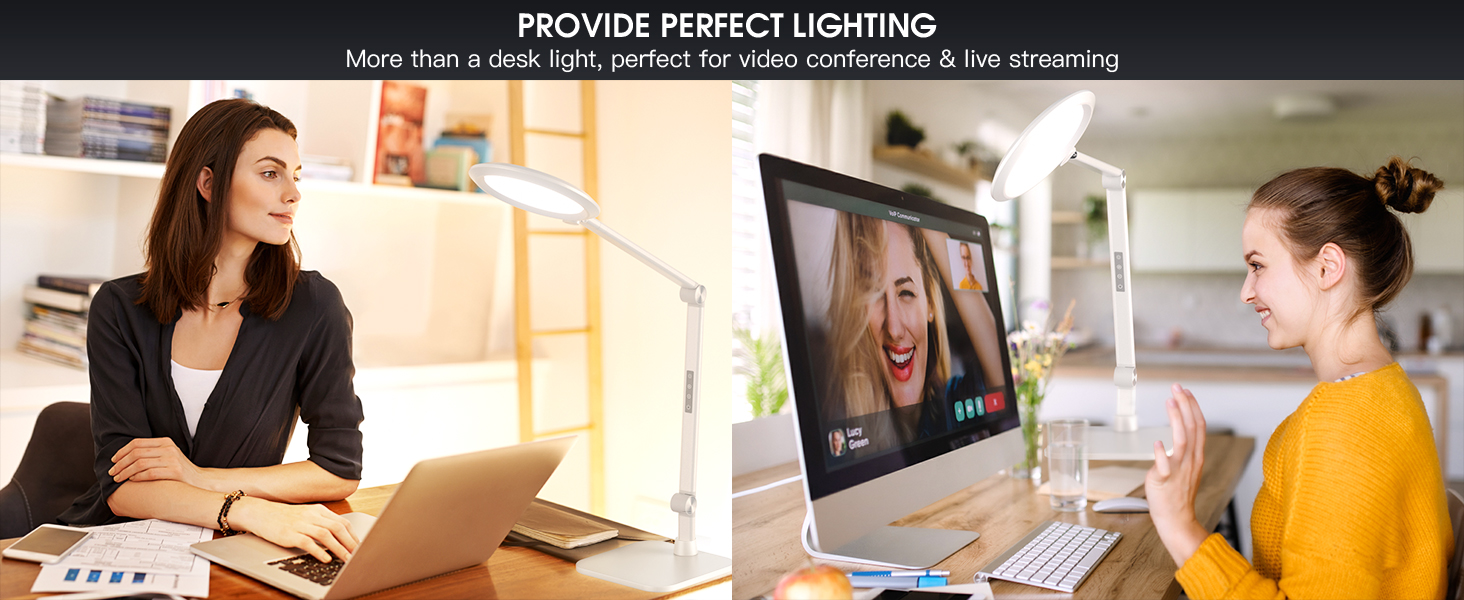 LED лампа настільна з денним світлом для відеоконференцій, офісна лампа з підставкою, регульована з 4 режимами кольору, 18W світло для відео, захищає очі, підходить для дому та офісу, матовий білий