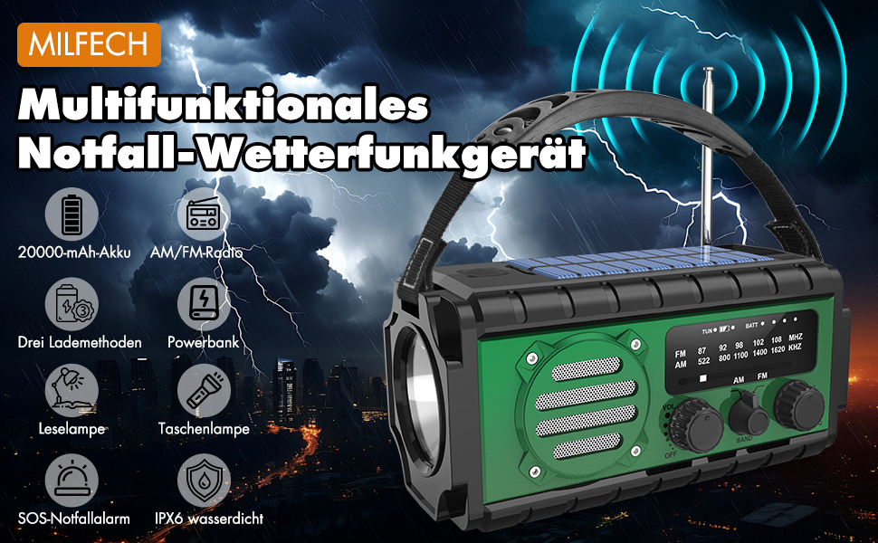 Сонячне радіо 20000mAh з ручним генератором, AM/FM, LED ліхтарик, SOS-сигнал, IPX6, для кемпінгу та подорожей (зелене)
