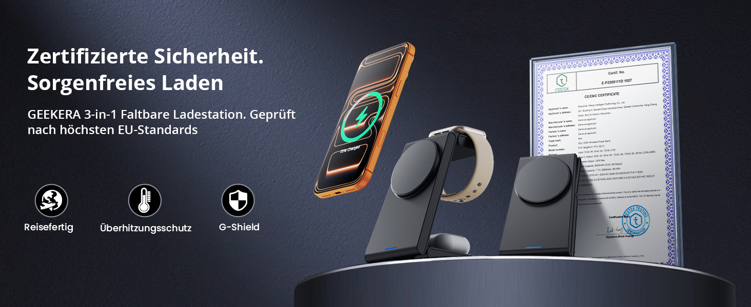 Зарядний пристрій 3-в-1 GEEKERA MagSafe для Apple Watch, iPhone (12-17) та AirPods, індуктивне зарядне, чорний матовий