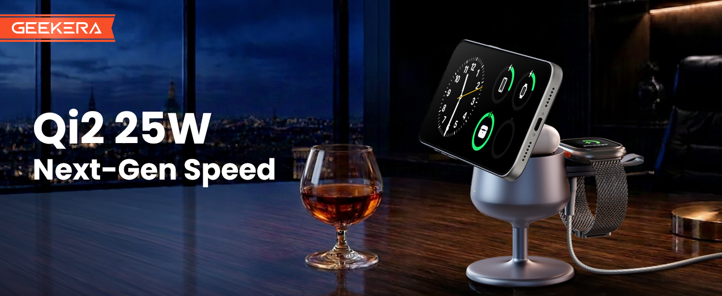 Бездротова зарядна станція 3-в-1 GEEKERA Qi2.2 25W для Apple: MagSafe швидкий заряд для iPhone 17/16/12, Apple Watch та AirPods, адаптер GaN 45W, срібляста