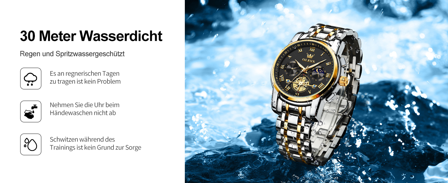 Годинник чоловічий OLEVS з металевим ремінцем, кварцовий, з місячною фазою, хронограф, водонепроникний (2859 Чорний / Двоколірний)