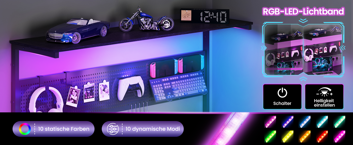 Ігровий L-подібний стіл YOUDENOVA з LED-підсвіткою, розеткою, полицями та перфорованою панеллю, 120x80 см, чорний — комп'ютерний стіл для геймерів та домашнього офісу