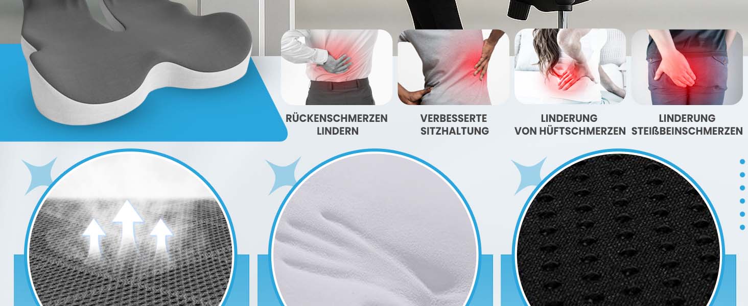 Подушка для сидіння з піни Memory Foam для попереку та куприка: підтримка при ішіасі, болях у куприку, для офісного крісла, авто, інвалідного візка, дому