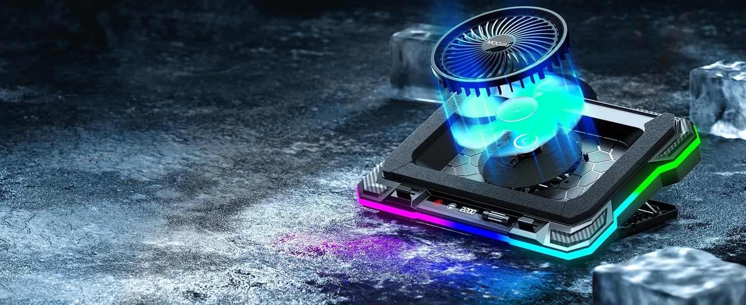 Охолоджувач для ноутбука MOOJAY RGB Gaming: потужний турбовентилятор, підставка з 8 рівнями регулювання висоти та тримачем для телефону, для ноутбуків 14-19 дюймів, підсвітка Ice Blue LED