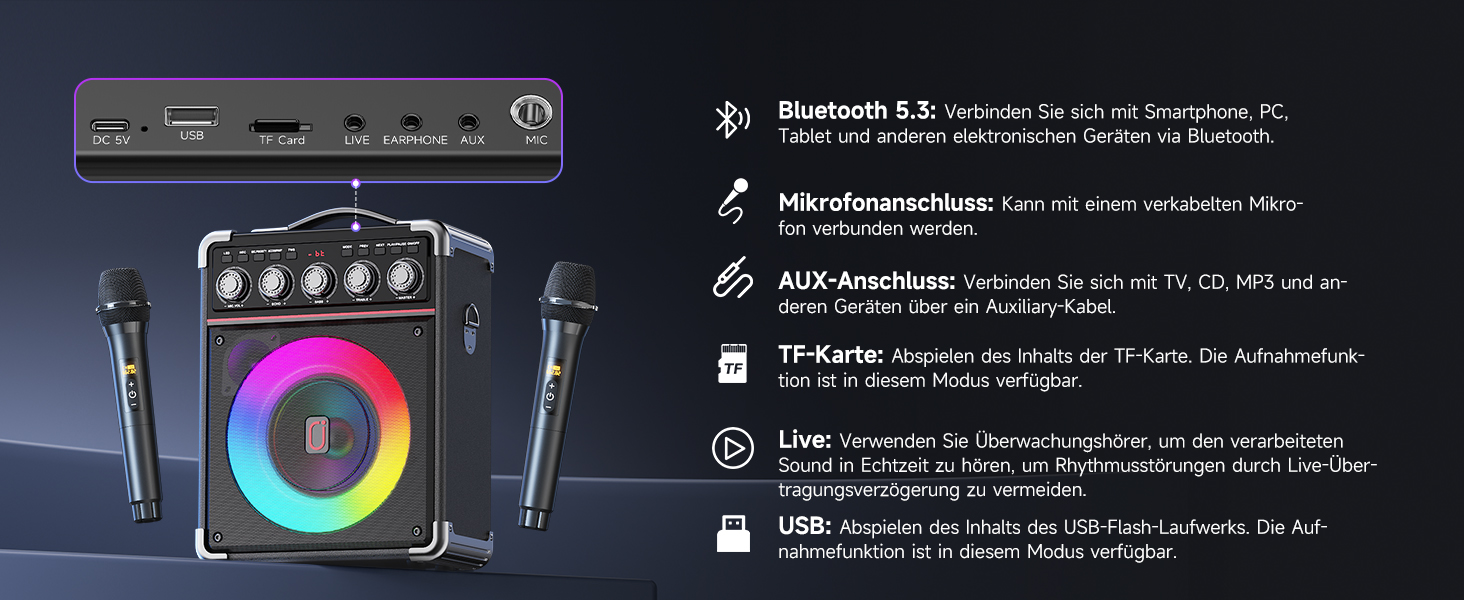 Караоке машина JYX з 2 бездротовими мікрофонами, портативна караоке система з підсвіткою RGB для дорослих та дітей - портативна Bluetooth караоке-бокс з мікрофоном та PA-динаміком, чорний Tx05