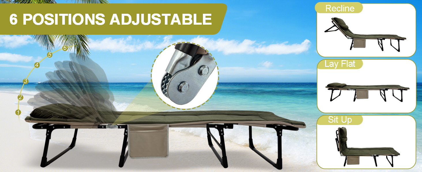 Розкладне ліжко-крісло для кемпінгу з матрацом, 6 положень спинки, ліжко для риболовлі, Outdoor ліжко XXL, 65x190x30 см, 1-місне, для відпочинку на природі