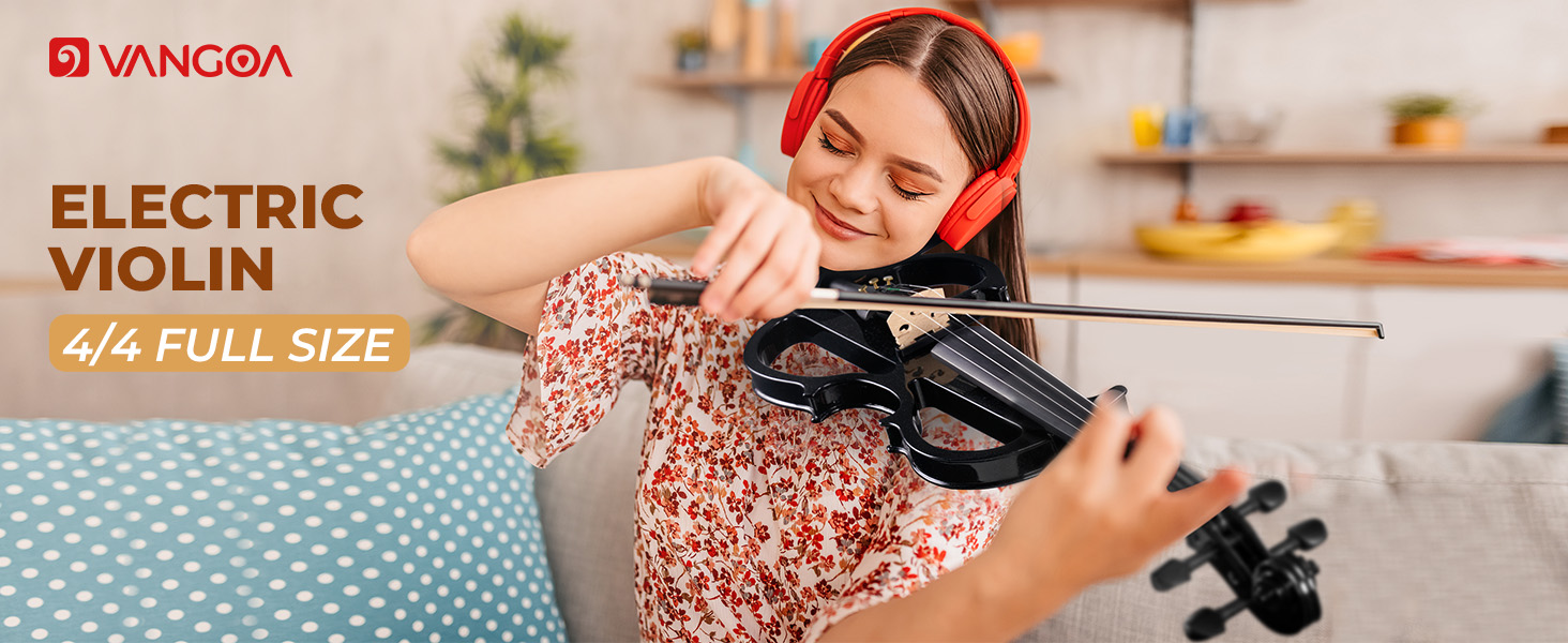 Електрична скрипка Vangoa 4/4 з цільного дерева, повного розміру, з усіма аксесуарами (колінь, чохол, кабель, підставка, смычок)