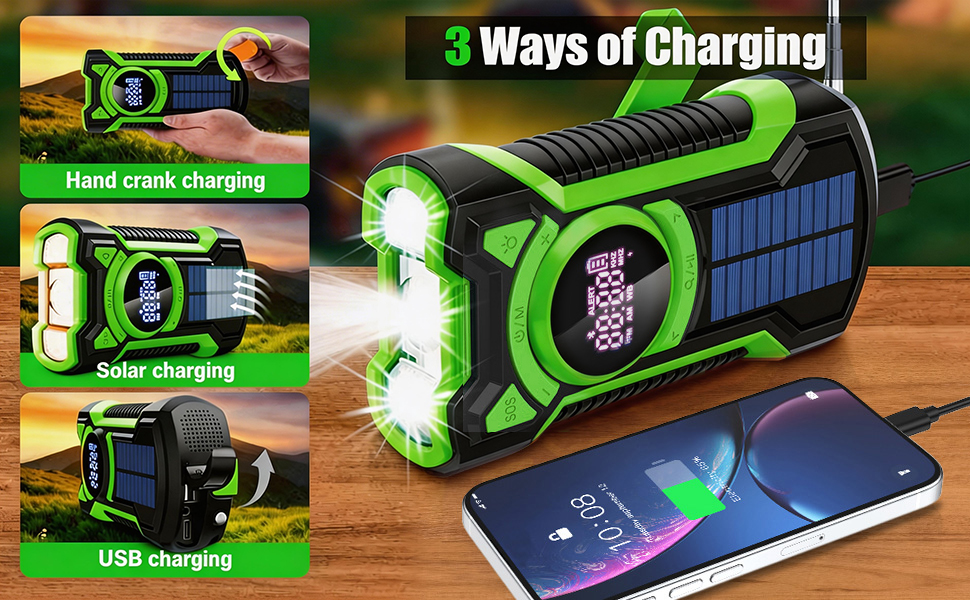 Радіо на сонячній батареї та ручному приводі Gemmac 5000mAh з Bluetooth, USB AM/FM, Power Bank, SOS-сигналом, ліхтариком – для кемпінгу та виживання (Зелений)