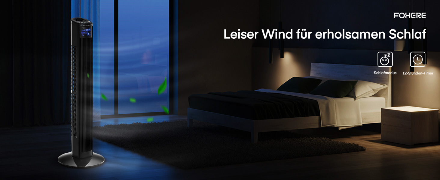 Безлопатевий вентилятор FOHERE, 91 см, з пультом керування, таймером та режимом сну, чорний