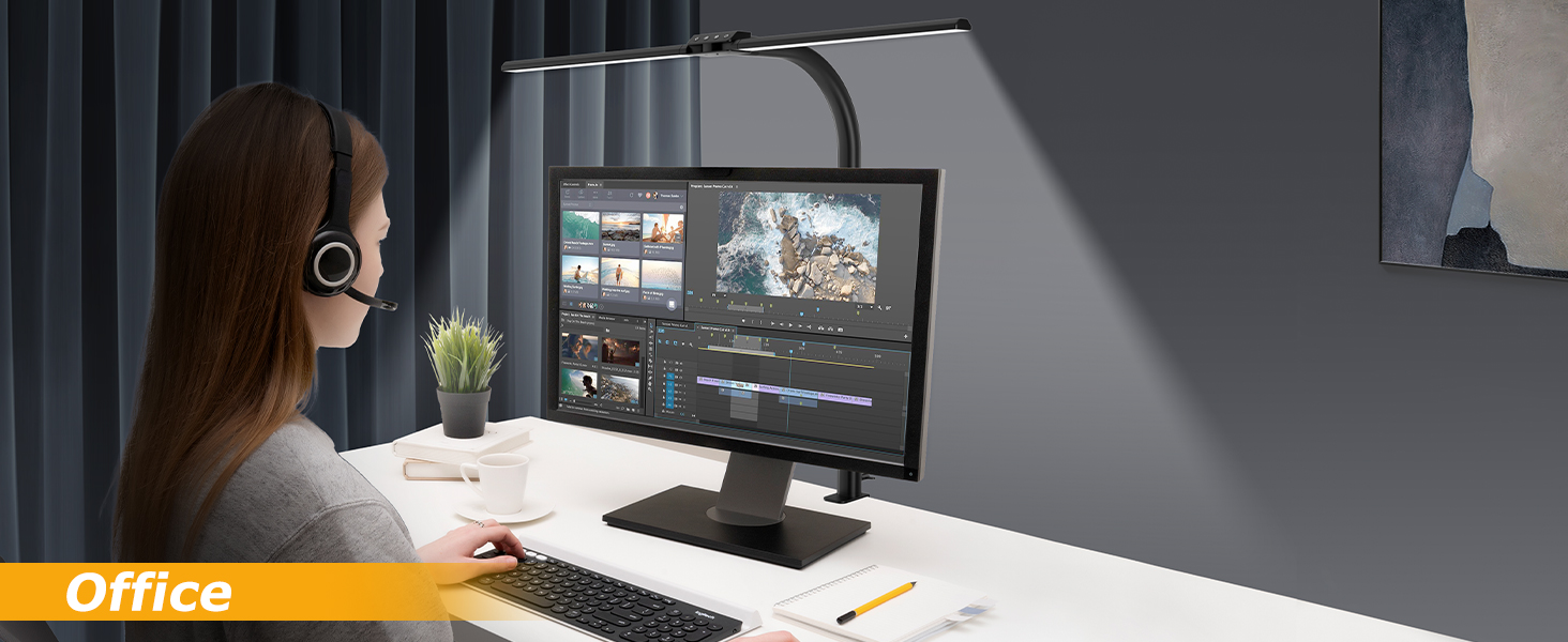 Стійка LED лампа для столу 24W з двома головками, захистом для очей, регулюванням яскравості та 10 кольорами, для дому, офісу, навчання, чорного кольору