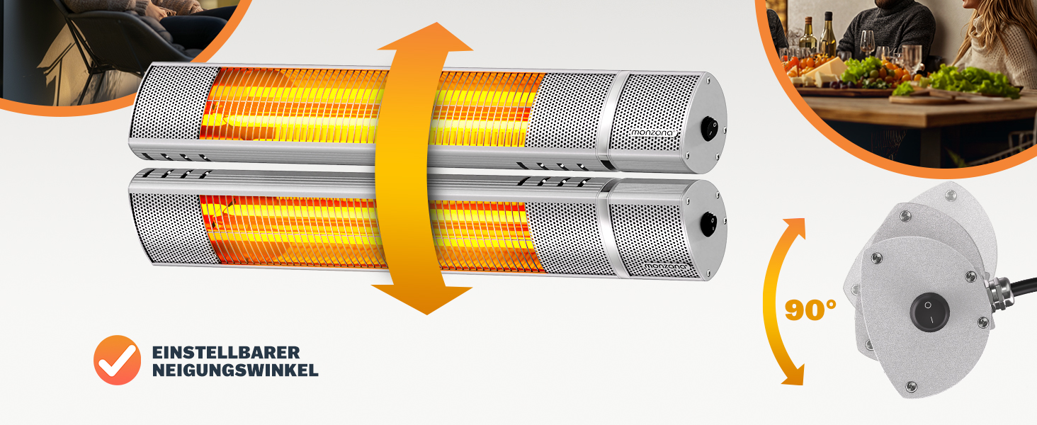 Інфрачервовий обігрівач MONZANA® MZH2000 Goldröhre 2000W з пультом керування, 3 режими, кут нахилу 90°, для тераси та вулиці
