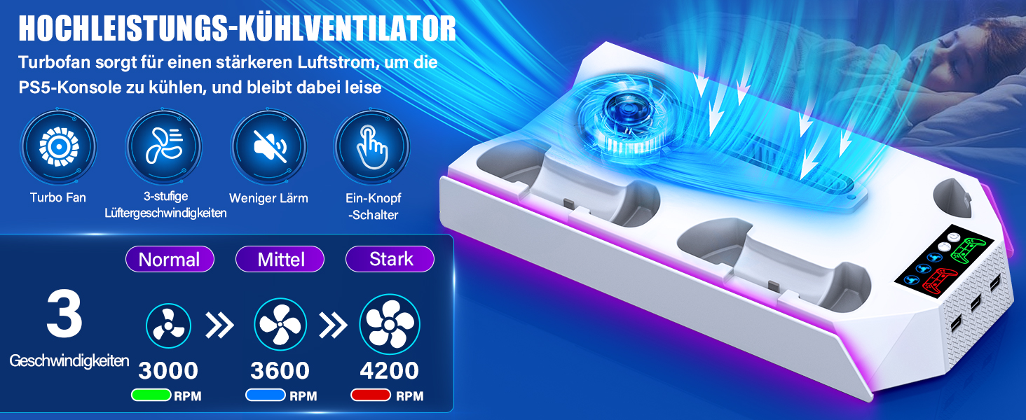 Підставка для PS5 Slim/Pro з зарядною станцією для контролера, RGB підсвічуванням, вентилятором, тримачем для навушників та USB хабом (чорний/білий)