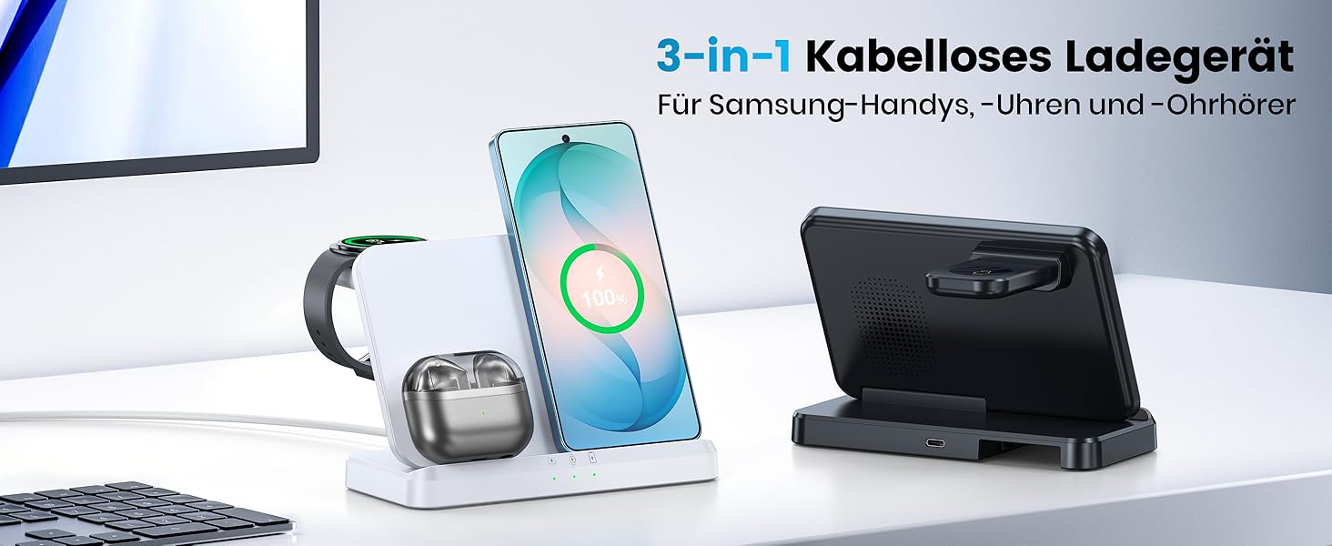 Бездротова зарядка 3-в-1 EGV для Samsung Galaxy S26 Ultra/S25/S24, Z Fold/Flip 7/6, Buds та Galaxy Watch Ultra/8/7 - Біла