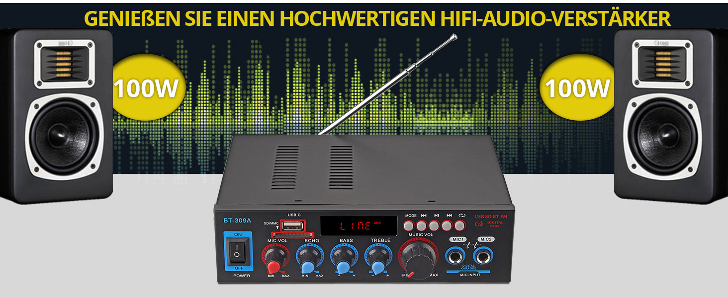 Bluetooth підсилювач PROZOR HiFi Stereo 2-канальний 40Вт+40Вт, 12V/220V, для авто та дому, з FM-радіо, аудіо-ампліфікатор BT-309A