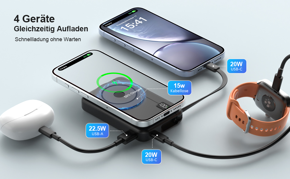 Powerbank MagSafe 10000mAh 22.5W з магнітним кріпленням, USB-C, LED-дисплеєм. Сумісний з iPhone 16/15/14/13/12 Pro Max, Galaxy та іншими пристроями. Чорний