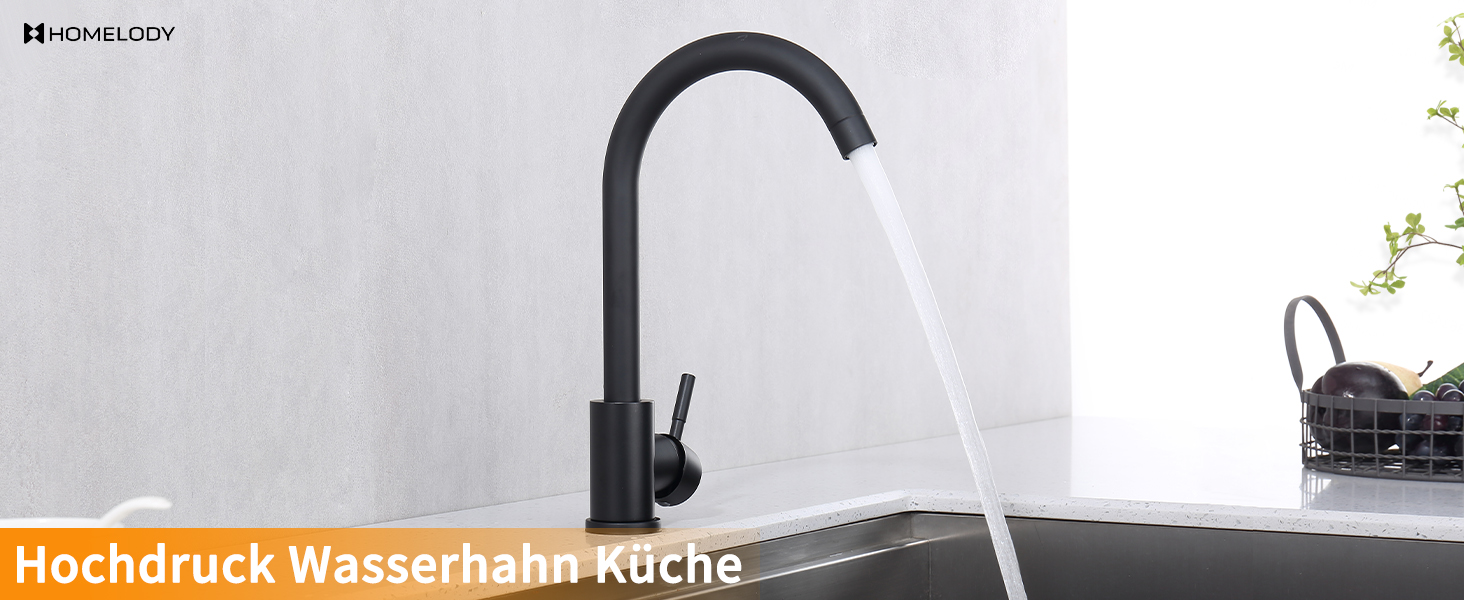 Кран кухонний HOMELODY чорного кольору, 360° поворотний, з високим виливом, з нержавіючої сталі, одноlever, G3/8 з'єднання